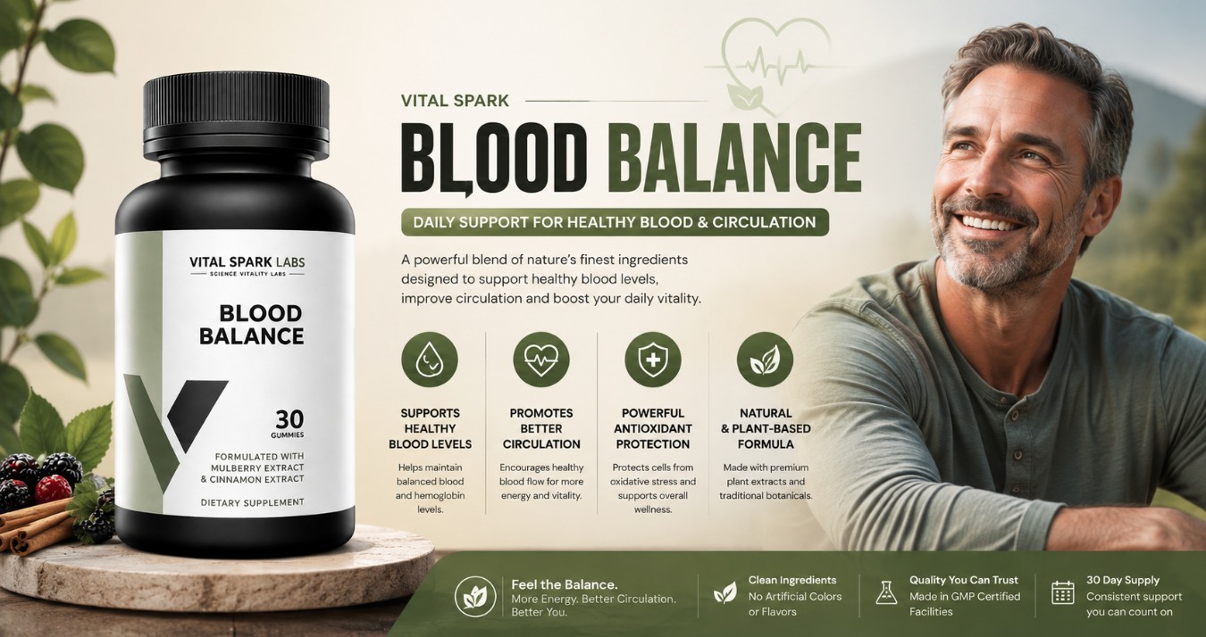 Vital Spark Blood Balance bottle with benefit icons